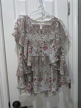 Matilda Jane Floral Layered Ruffle Blouse - White with Pink, Green & Tan